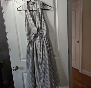 En Saison Gray and White Striped Tie-Front Collared Midi Dress